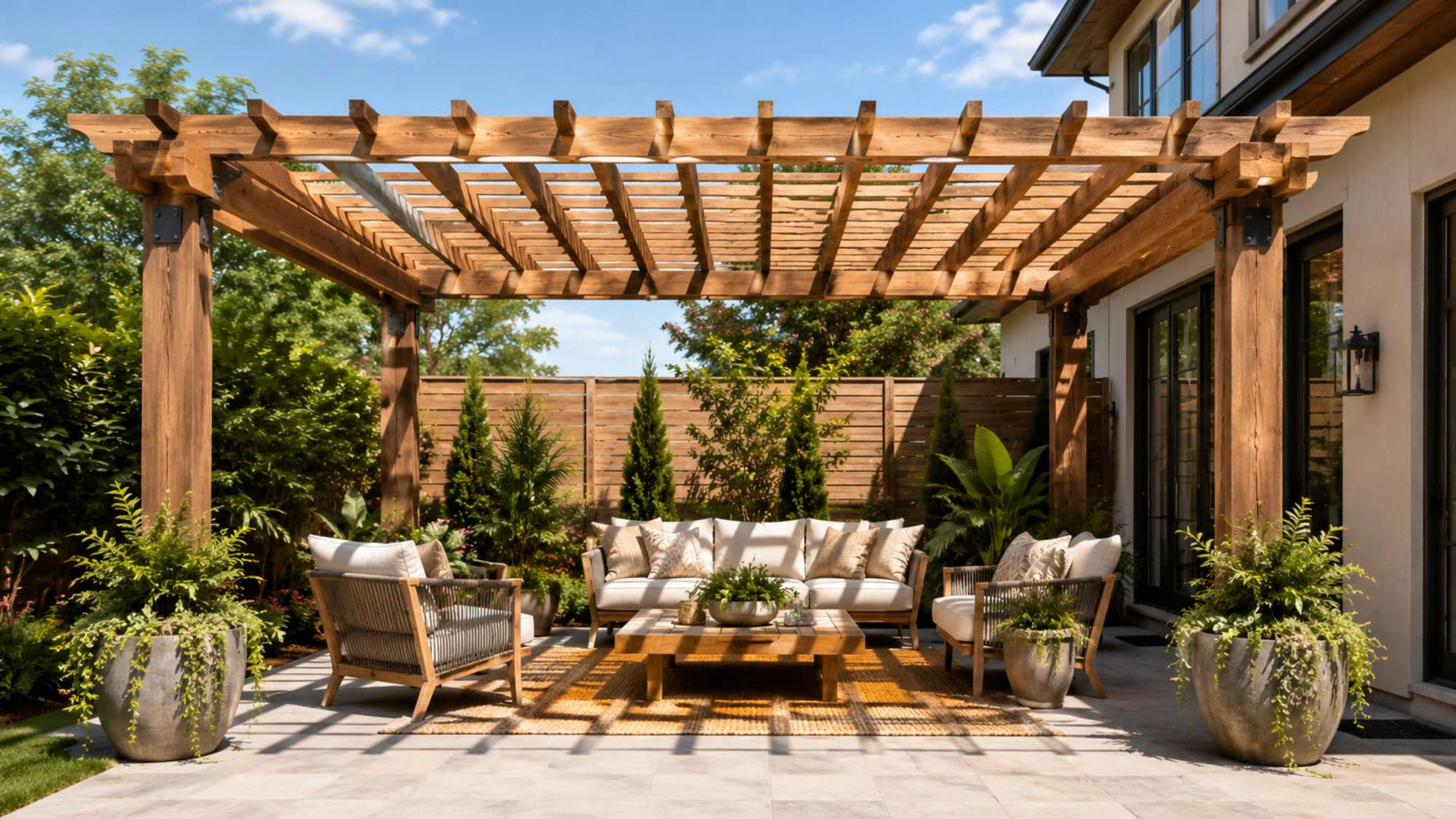 Wooden backyard pergola with outdoor seating displaying practical pergola dimensions for a stylish patio