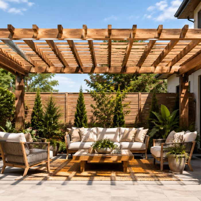 Wooden backyard pergola with outdoor seating displaying practical pergola dimensions for a stylish patio