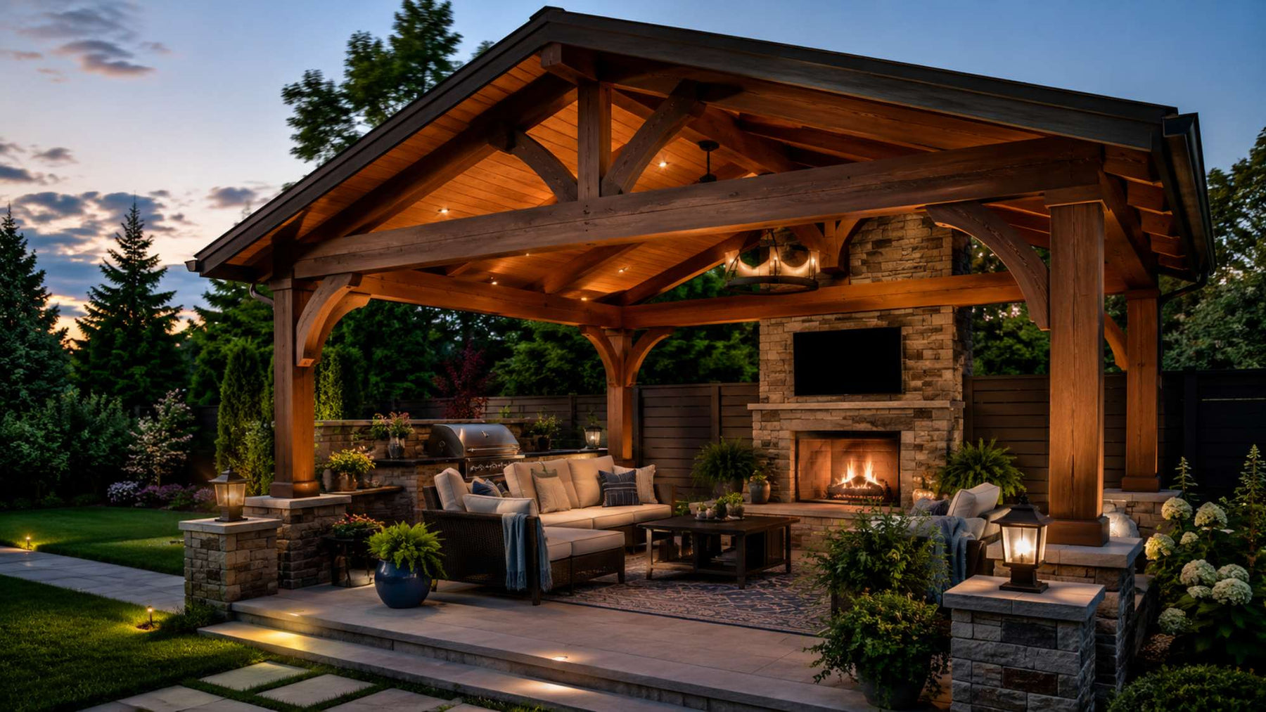 Wooden backyard seating area with a stone fireplace and comfortable furniture beneath outdoor pavilions designed for year-round outdoor living