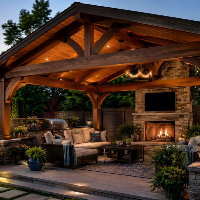 Wooden backyard seating area with a stone fireplace and comfortable furniture beneath outdoor pavilions designed for year-round outdoor living