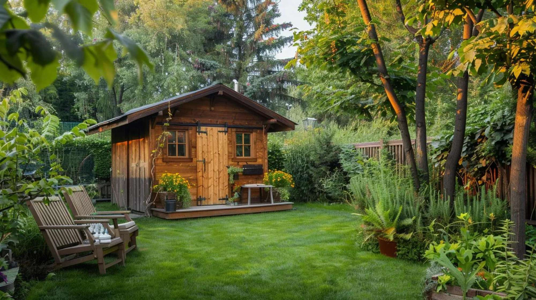 Wooden backyard shed surrounded by greenery, reflecting storage sheds trends that combine storage and outdoor style