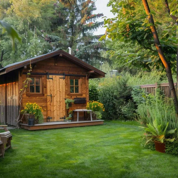 Wooden backyard shed surrounded by greenery, reflecting storage sheds trends that combine storage and outdoor style