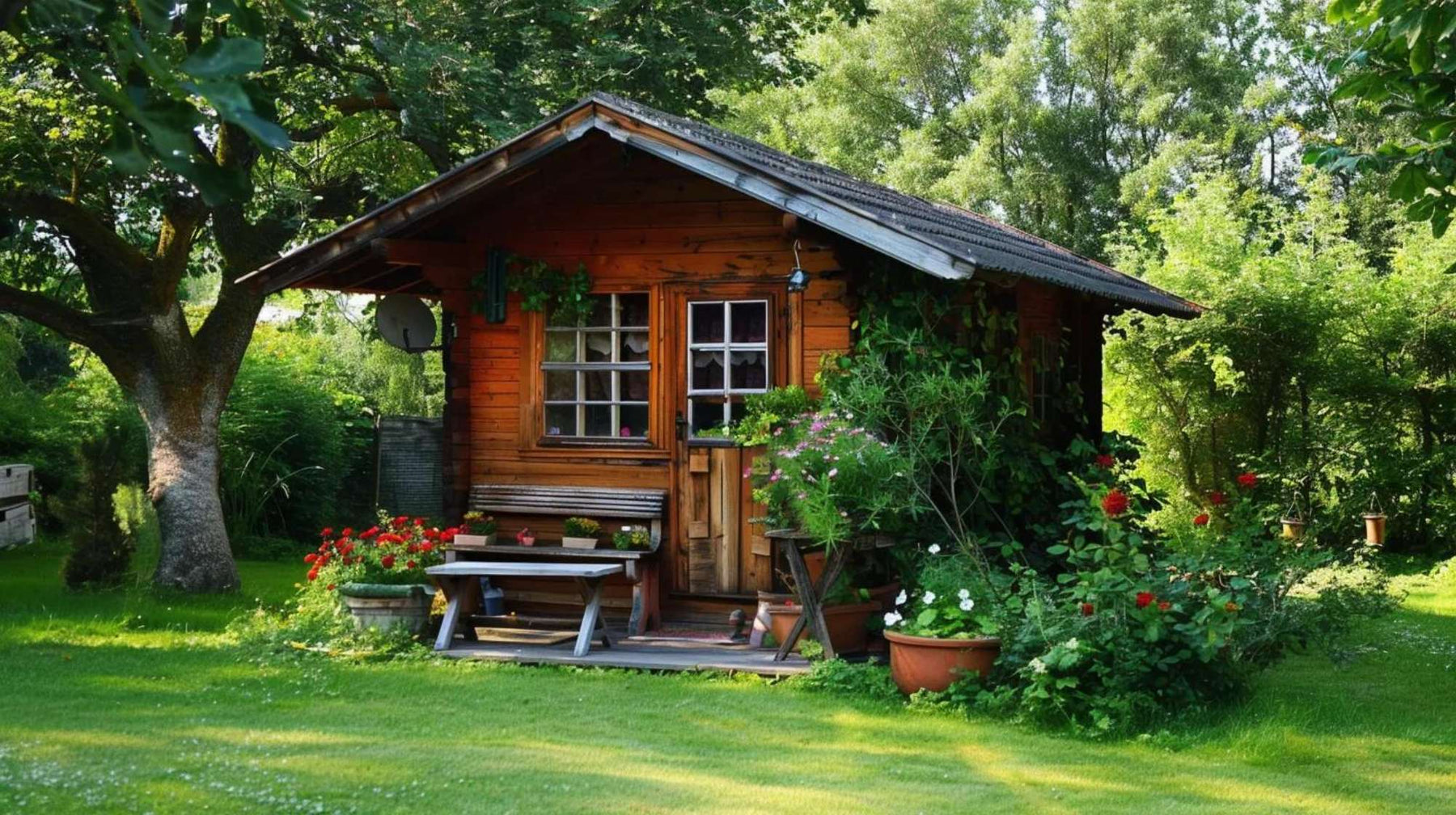 Wooden backyard shed surrounded by trees and flowers represents backyard shed passive income opportunities