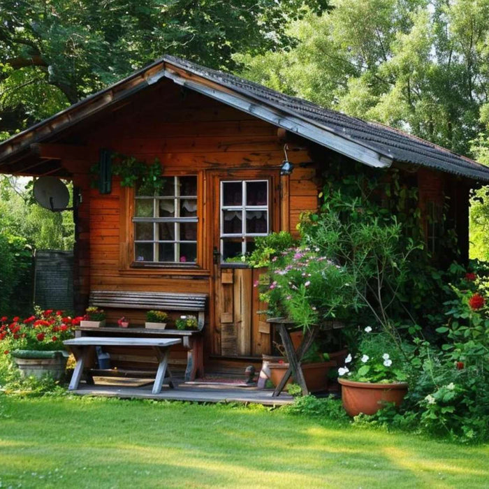 Wooden backyard shed surrounded by trees and flowers represents backyard shed passive income opportunities
