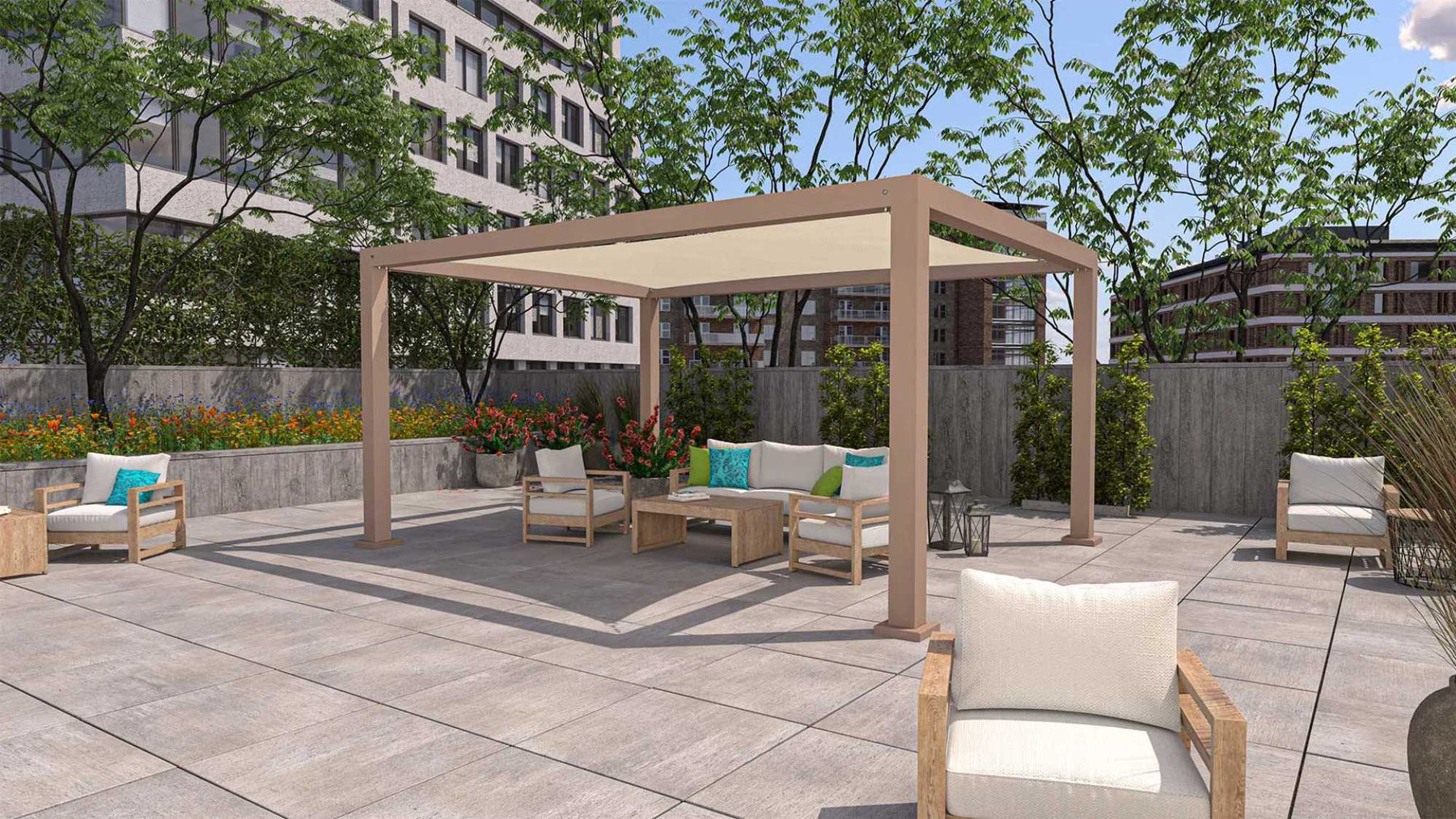 Wooden-framed lounge chairs and a cozy outdoor sofa sit under a sleek pergola with clean lines, offering inspiration for Pergola Ideas for 365 Days of Outdoor Living