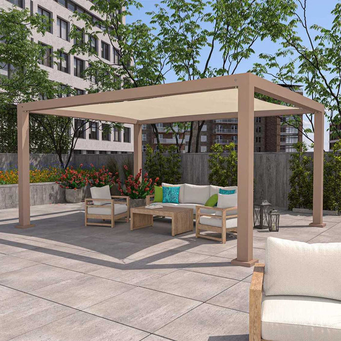 Wooden-framed lounge chairs and a cozy outdoor sofa sit under a sleek pergola with clean lines, offering inspiration for Pergola Ideas for 365 Days of Outdoor Living