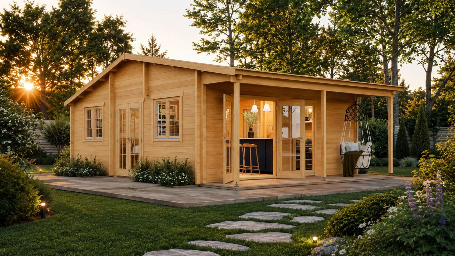 Wooden garden room with a covered porch and landscaped yard at sunset, illustrating garden house planning permission requirements