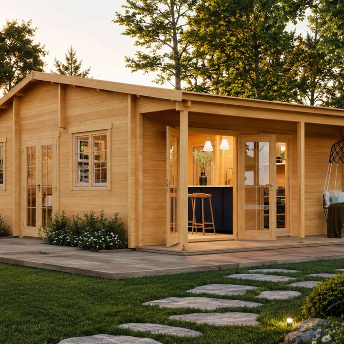 Wooden garden room with a covered porch and landscaped yard at sunset, illustrating garden house planning permission requirements