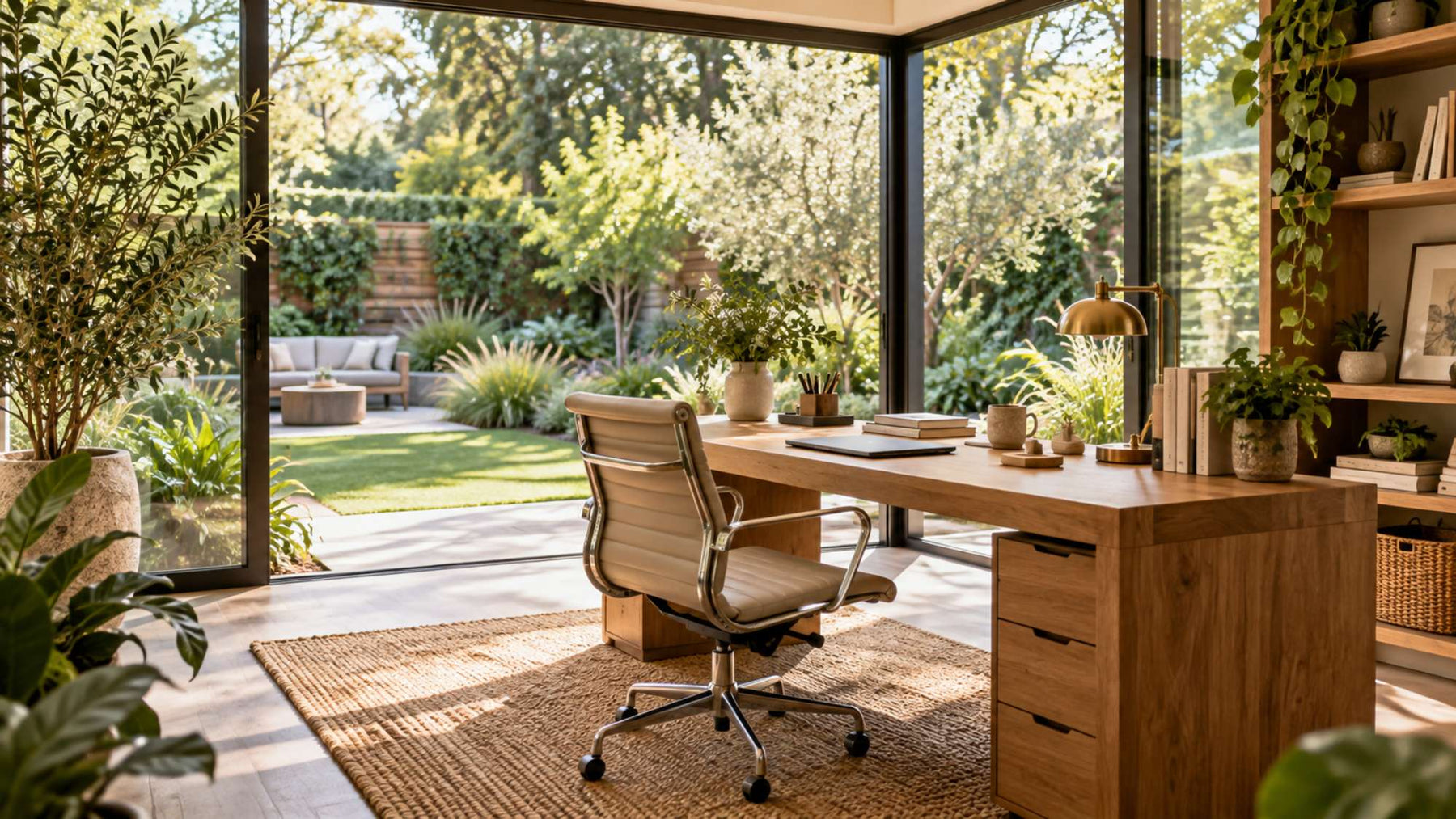 Wooden home office desk with drawers, a beige office chair, and plants sits in a sunlit garden studio with floor-to-ceiling glass walls