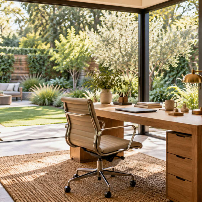 Wooden home office desk with drawers, a beige office chair, and plants sits in a sunlit garden studio with floor-to-ceiling glass walls
