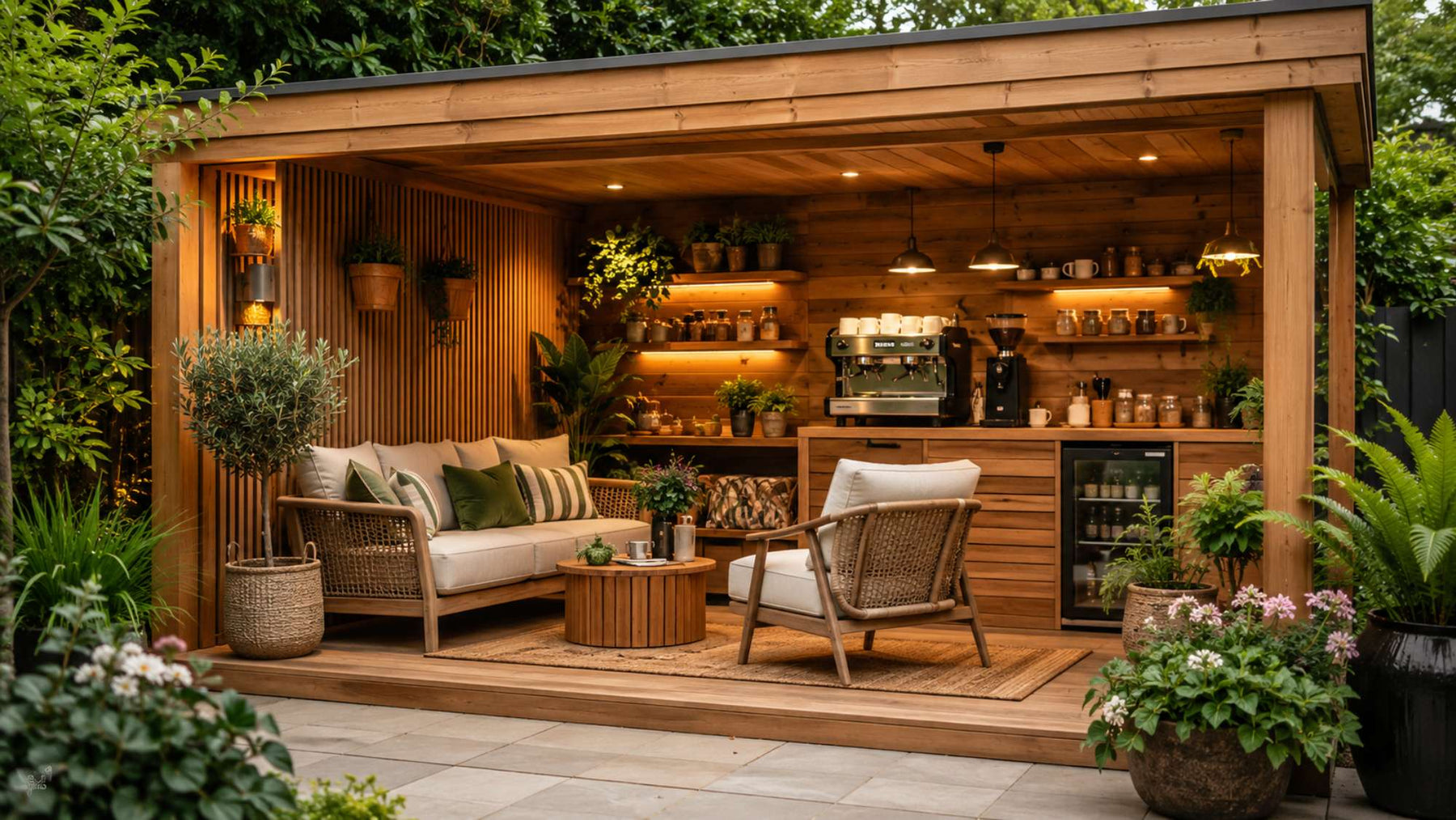 Wooden outdoor den coffee lounge with cozy seating, a built-in coffee bar, warm lighting, and lush garden plants