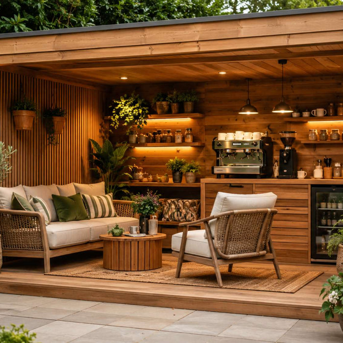 Wooden outdoor den coffee lounge with cozy seating, a built-in coffee bar, warm lighting, and lush garden plants