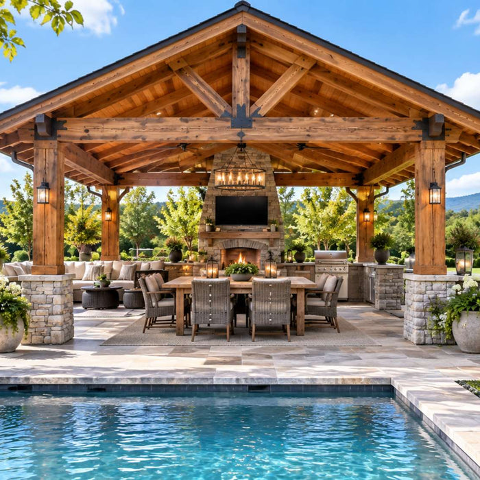 Wooden outdoor pavilion with dining furniture and a stone fireplace overlooks a pool in a landscaped luxury backyard
