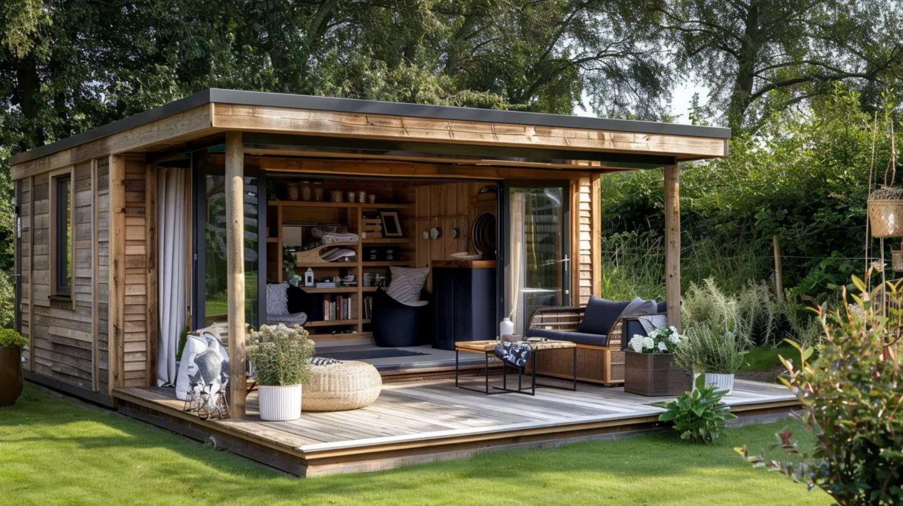 Wooden outdoor studio with open glass doors, patio seating, and organized storage for outdoor den crafts projects