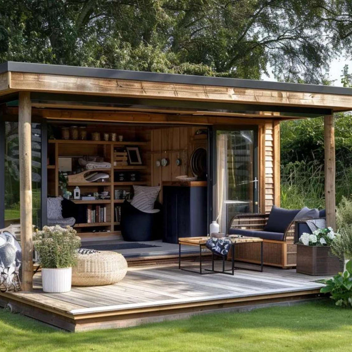Wooden outdoor studio with open glass doors, patio seating, and organized storage for outdoor den crafts projects