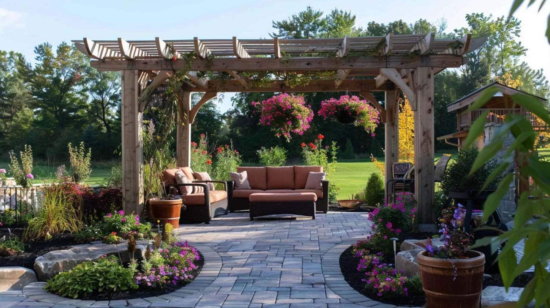 Wooden pergola kits create a shaded patio lounge with cushioned seating, hanging flowers, and a stone walkway in a landscaped backyard