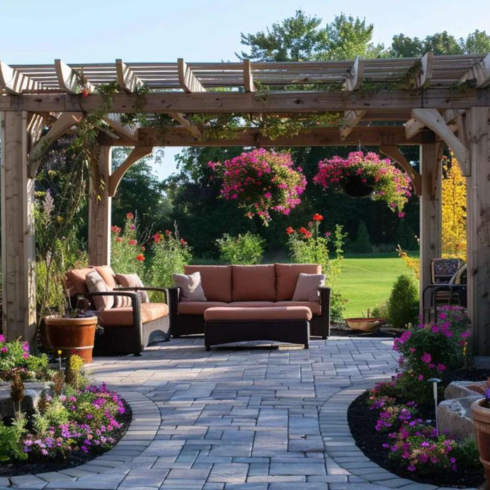 Wooden pergola kits create a shaded patio lounge with cushioned seating, hanging flowers, and a stone walkway in a landscaped backyard