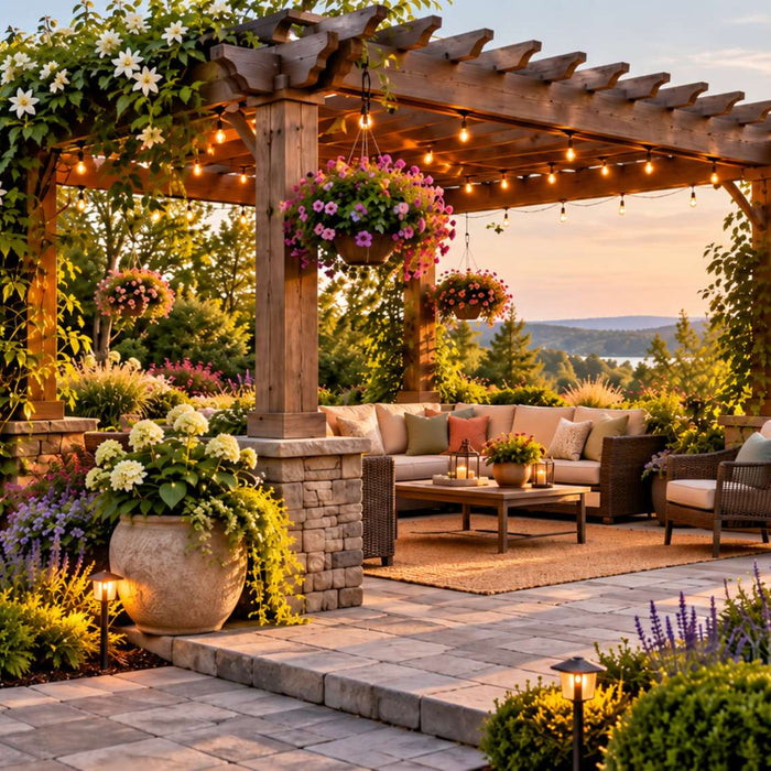 Wooden pergola landscaping features climbing flowers, hanging baskets, string lights, cushioned seating, stone pavers, and lush garden beds at sunset