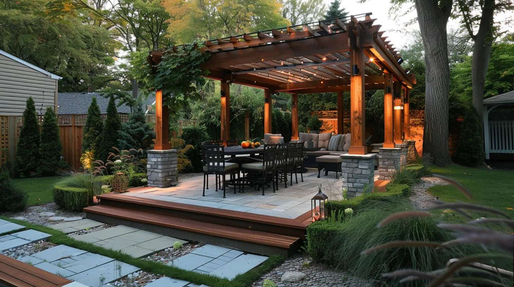 Wooden pergola with stone-based posts over a backyard patio at dusk, highlighting the question do pergolas need to be anchored for stability