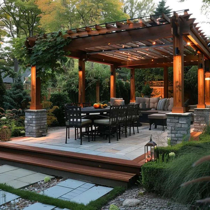 Wooden pergola with stone-based posts over a backyard patio at dusk, highlighting the question do pergolas need to be anchored for stability