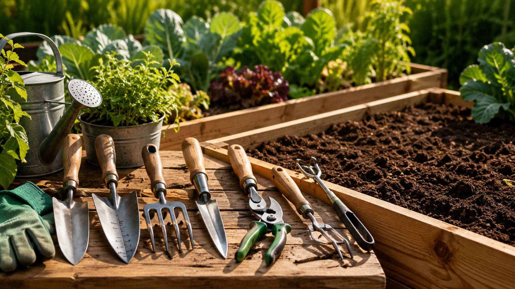 Wooden raised garden beds with hand tools, pruners, and a watering can arranged on a table for garden tools spring gardening tasks