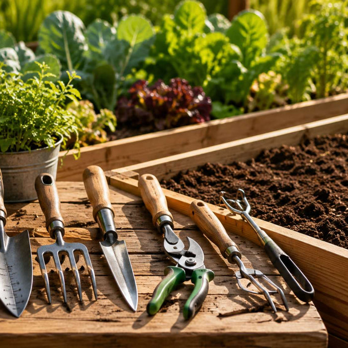 Wooden raised garden beds with hand tools, pruners, and a watering can arranged on a table for garden tools spring gardening tasks