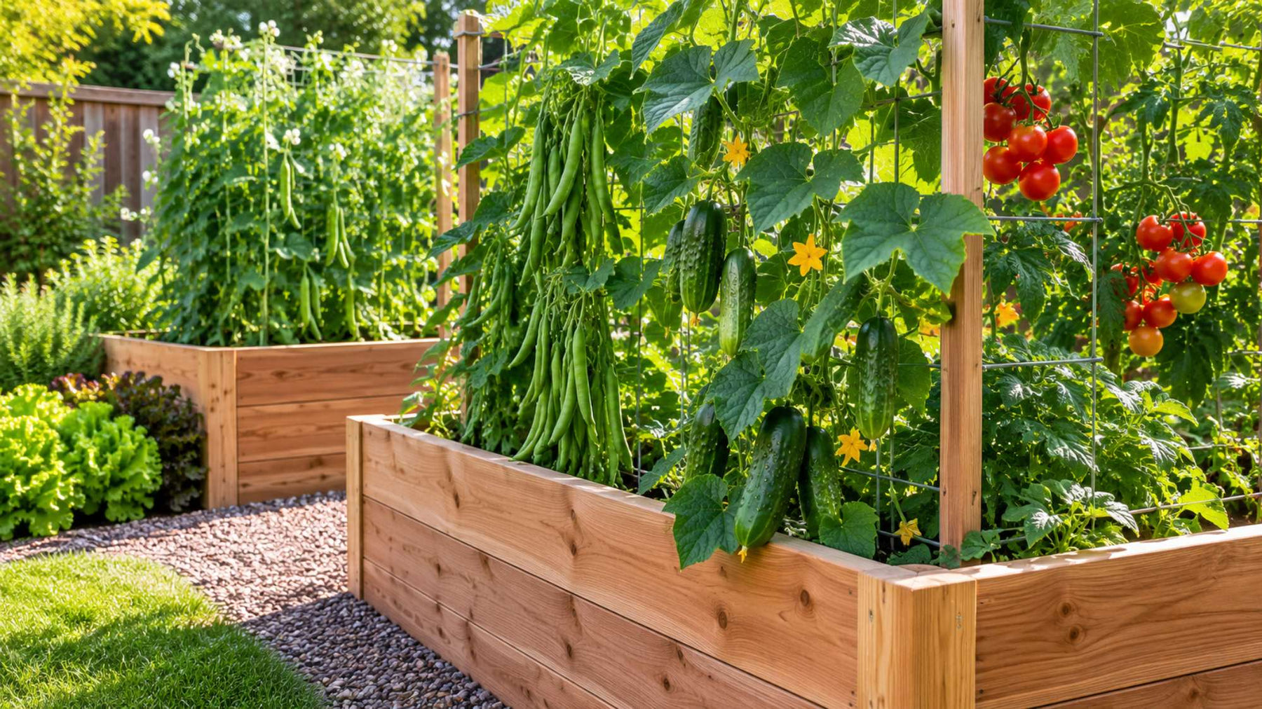 Wooden raised garden beds with trellises support healthy climbing vegetables including cucumbers, beans, and tomatoes