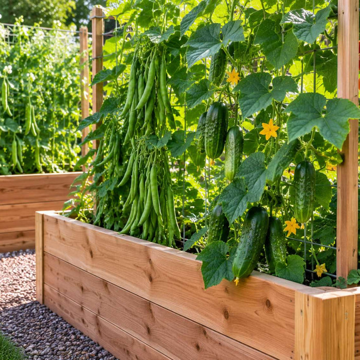 Wooden raised garden beds with trellises support healthy climbing vegetables including cucumbers, beans, and tomatoes