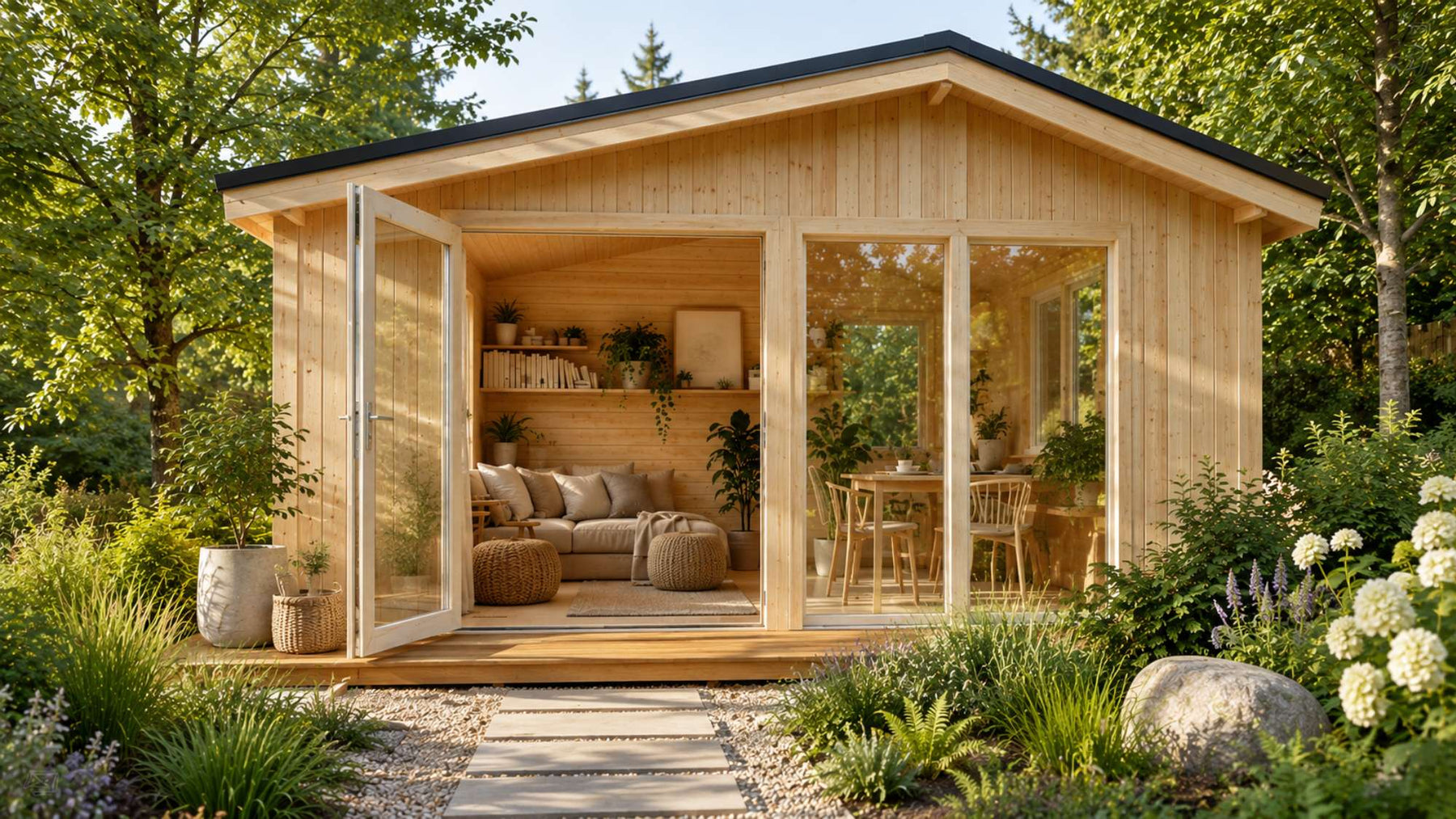 Wooden she sheds with large glass windows and a bright Scandinavian-style interior surrounded by lush garden landscaping