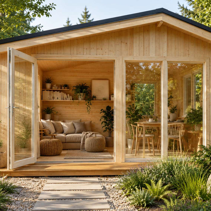 Wooden she sheds with large glass windows and a bright Scandinavian-style interior surrounded by lush garden landscaping