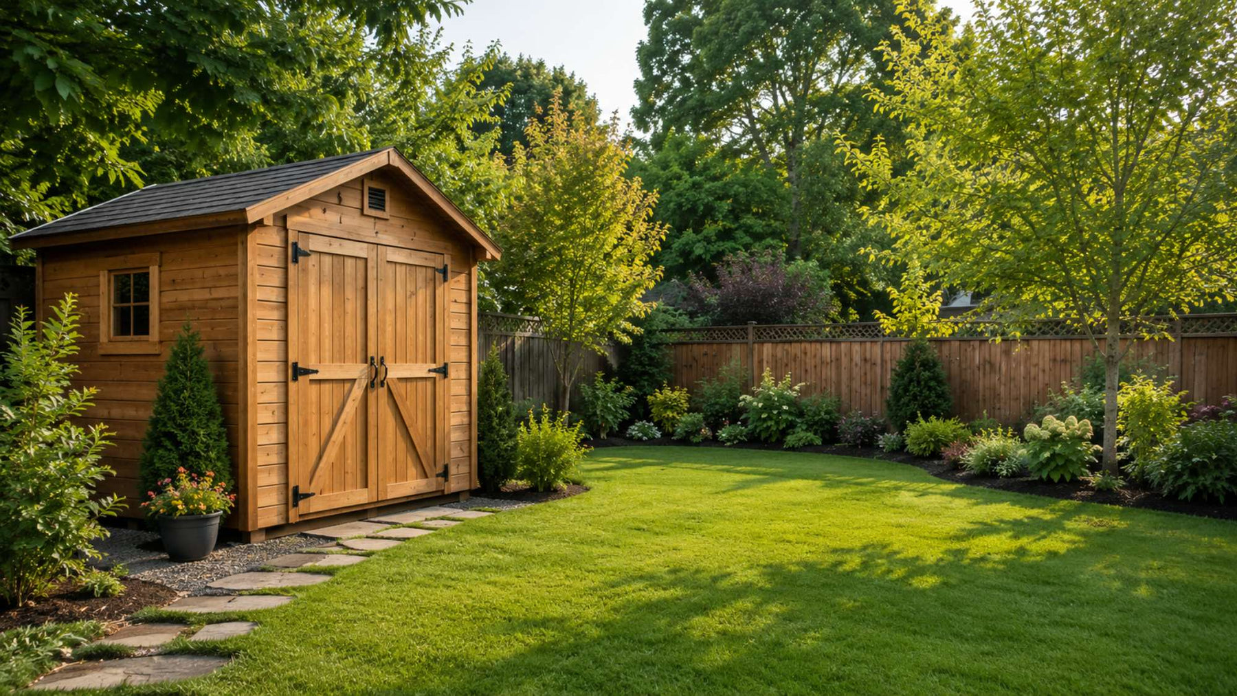 Wooden storage shed in a spacious backyard surrounded by green lawn and trees, highlighting storage sheds maintenance