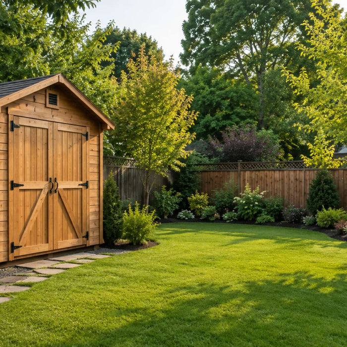 Wooden storage shed in a spacious backyard surrounded by green lawn and trees, highlighting storage sheds maintenance