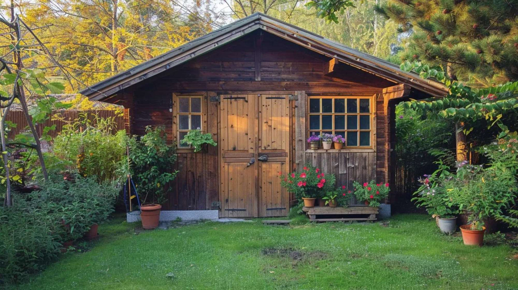 Wooden storage sheds with double wooden doors sit in a green backyard surrounded by trees, flowers, and garden plants