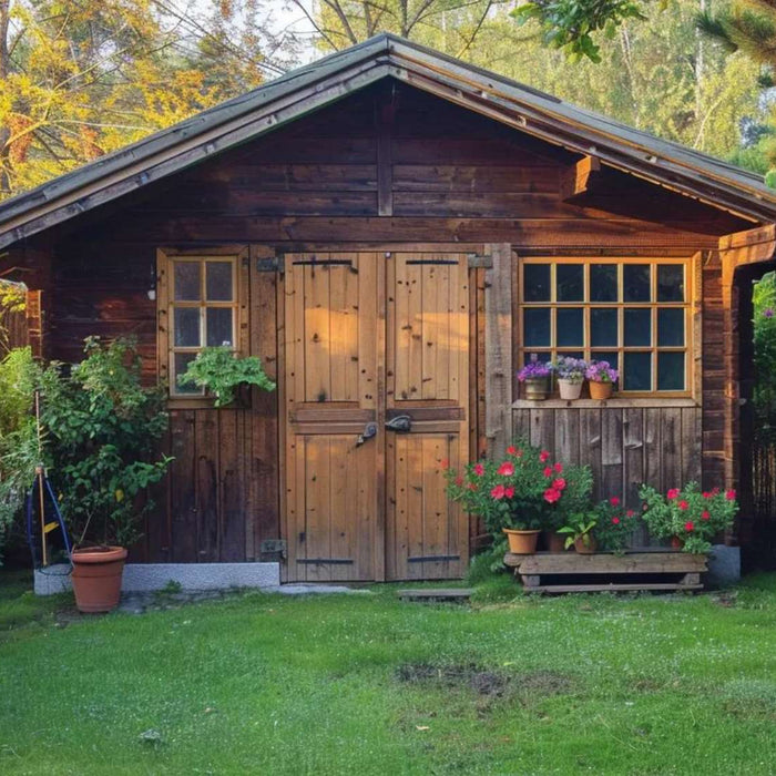 Wooden storage sheds with double wooden doors sit in a green backyard surrounded by trees, flowers, and garden plants