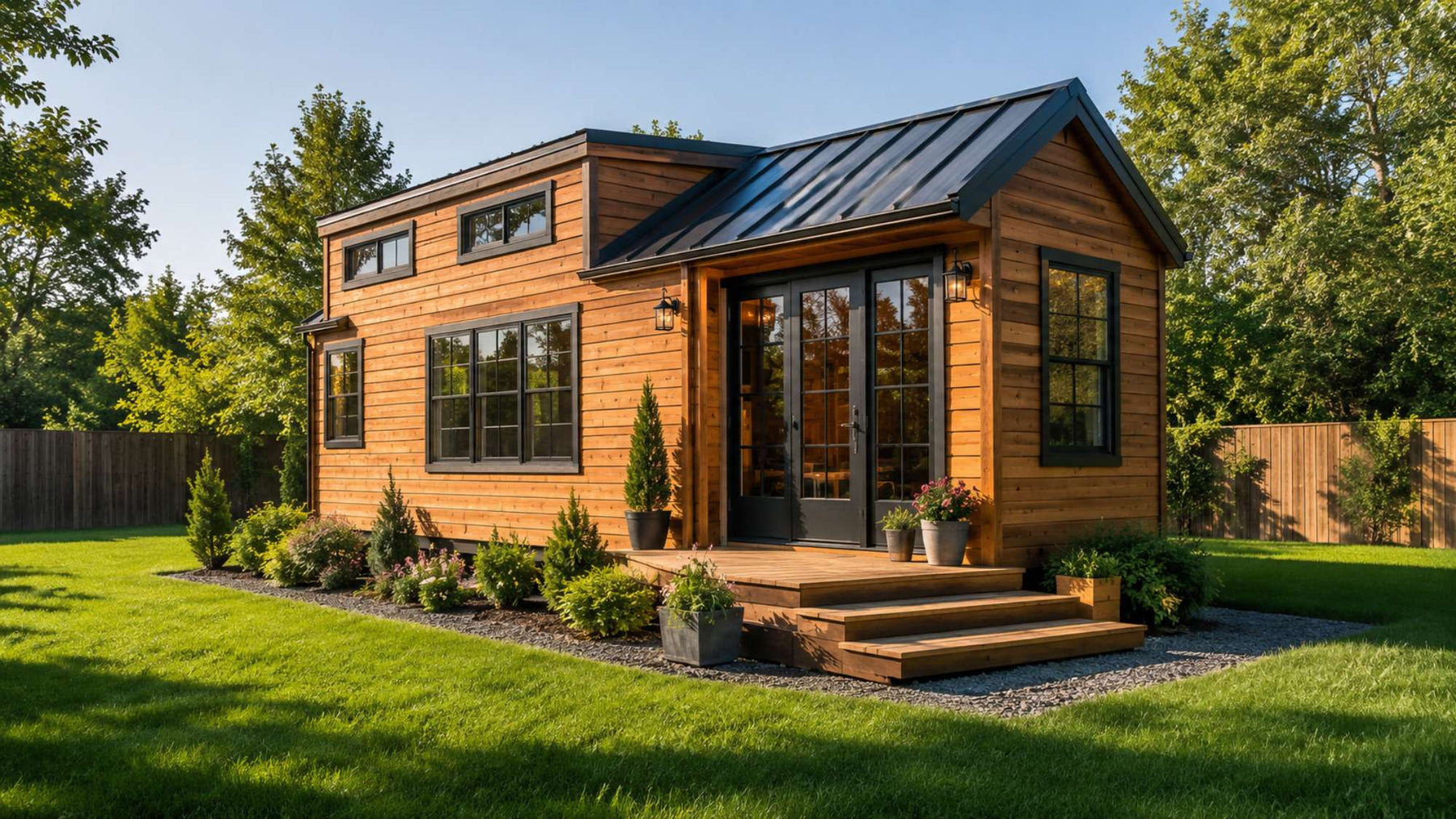 Wooden tiny home in a landscaped backyard for a tiny home investment exit strategy