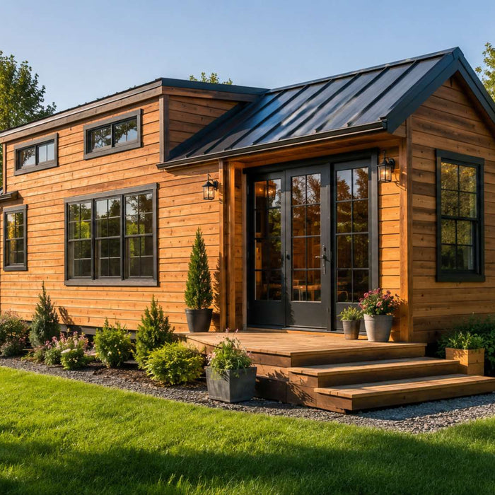 Wooden tiny home in a landscaped backyard for a tiny home investment exit strategy