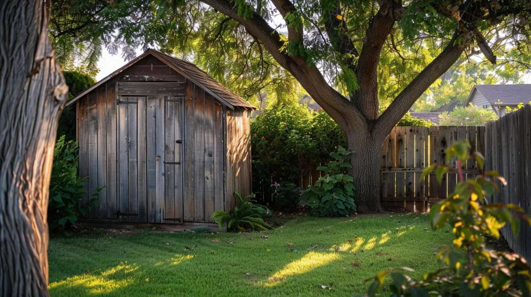Wooden backyard shed under leafy trees shows a typical situation when homeowners ask are sheds covered by home insurance