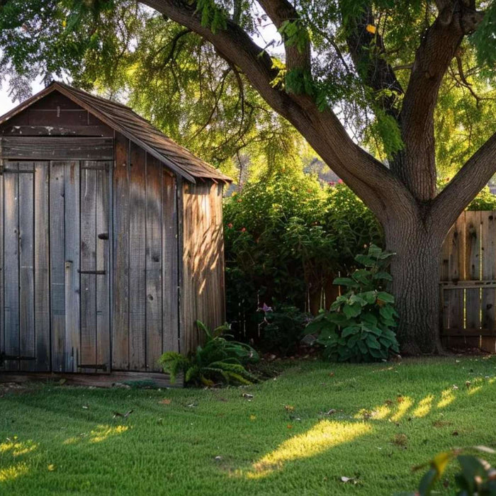 Wooden backyard shed under leafy trees shows a typical situation when homeowners ask are sheds covered by home insurance
