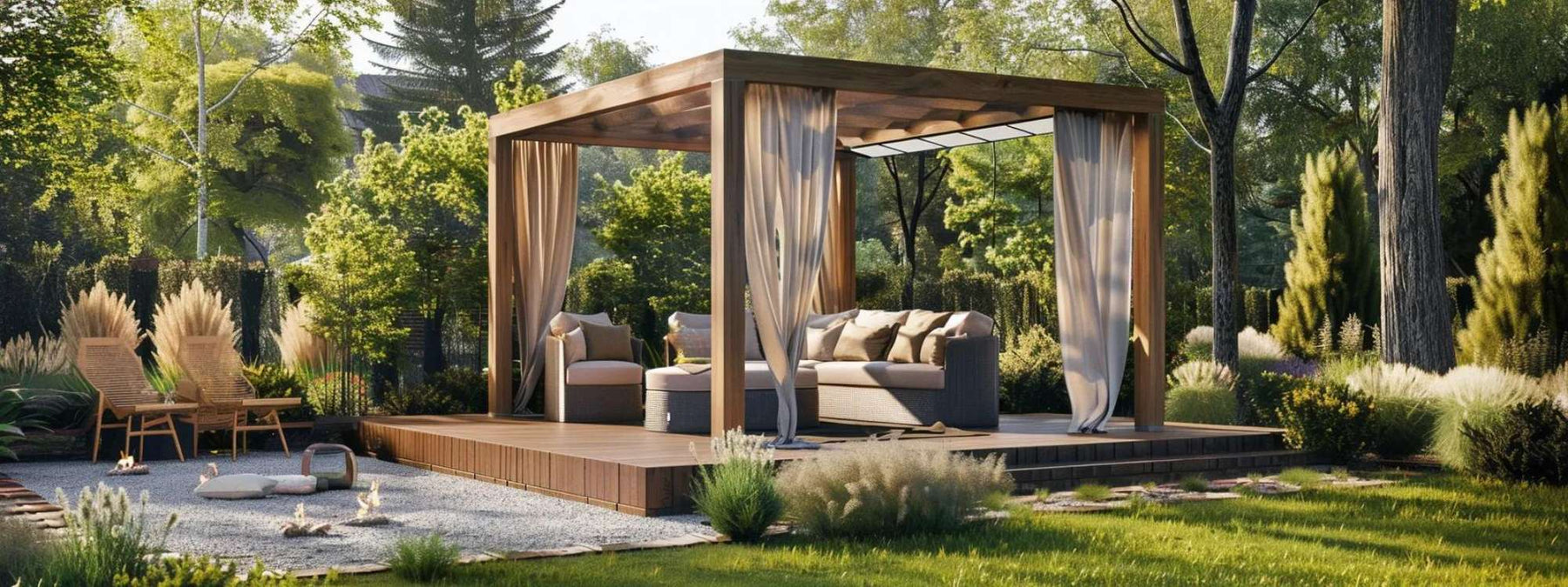 Wooden garden house with canopy featuring cushioned seating, sheer curtains, and a raised deck in a landscaped garden