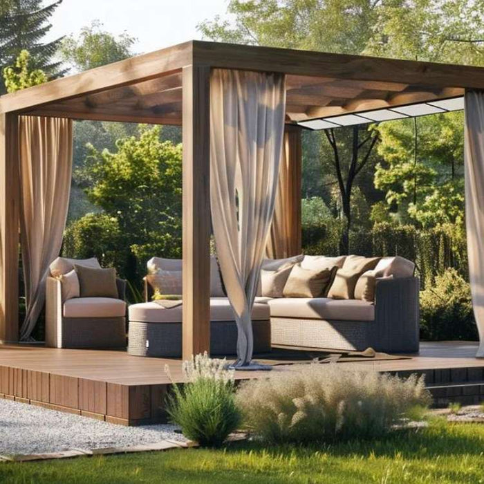 Wooden garden house with canopy featuring cushioned seating, sheer curtains, and a raised deck in a landscaped garden