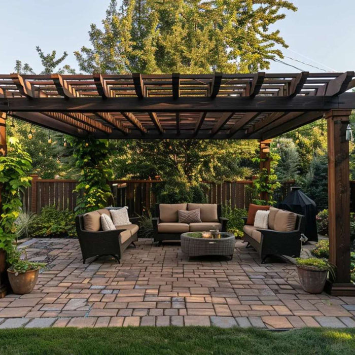 Wooden pergola over a patio seating area in a lush backyard raises the question can a neighbor complain about a pergola