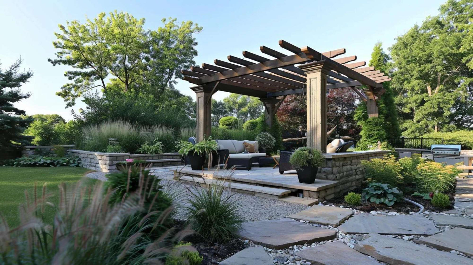 Wooden pergola with open beams over outdoor seating in a garden, showing what is a veranda vs pergola