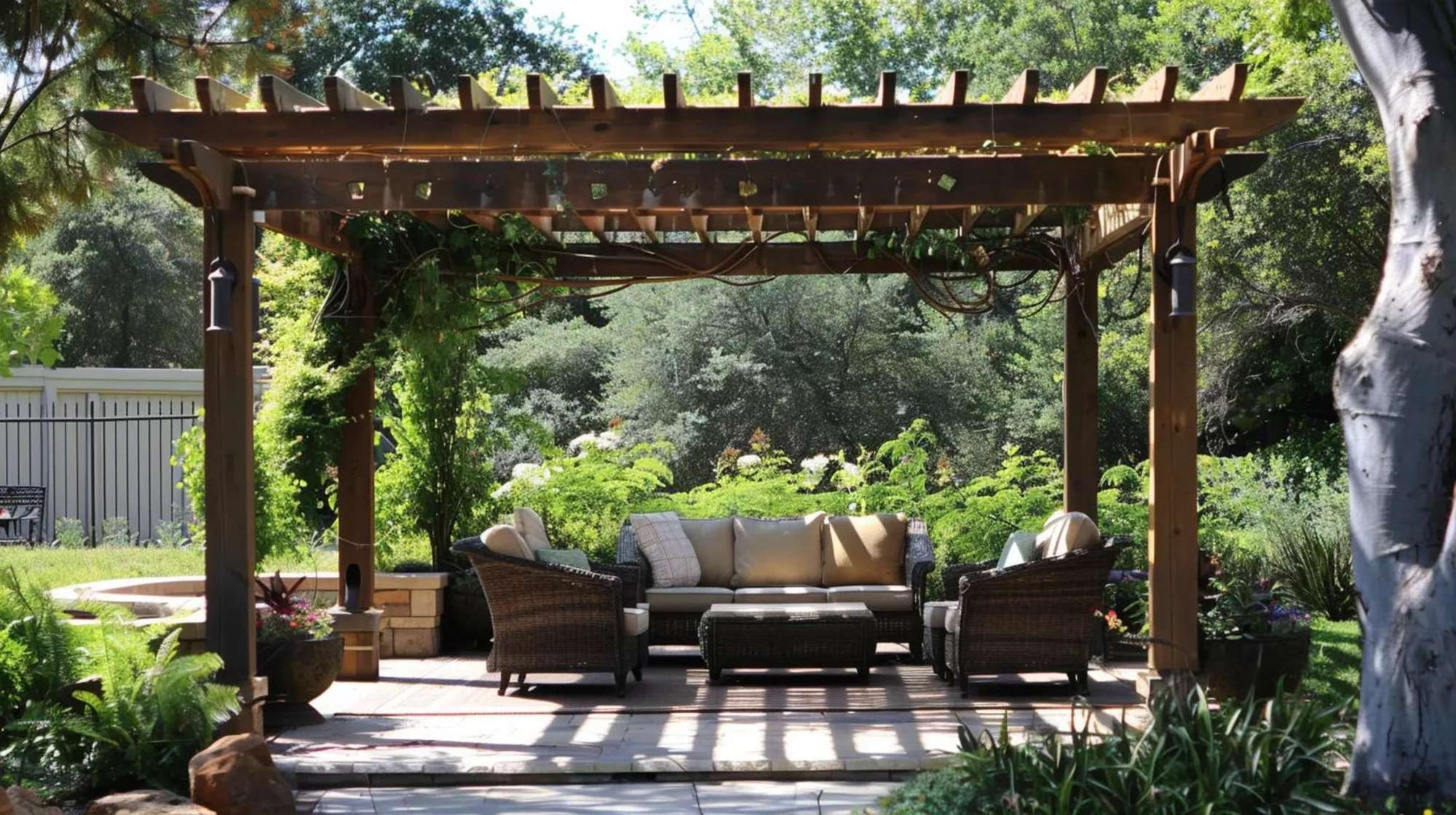 Wooden pergola with open beams shading outdoor seating, helping explain what is a pergola with a roof called through a clear example of a roofless pergola