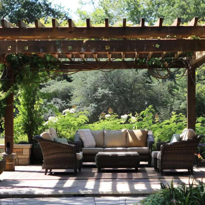 Wooden pergola with open beams shading outdoor seating, helping explain what is a pergola with a roof called through a clear example of a roofless pergola