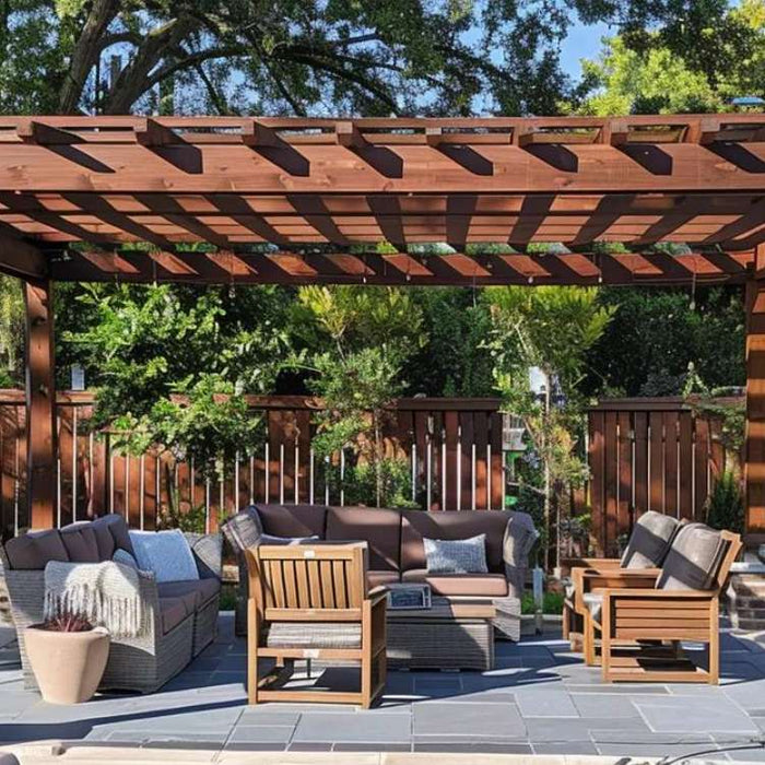 Wooden pergola with slatted beams over outdoor seating shows how to cover wooden pergola with partial shade and airflow