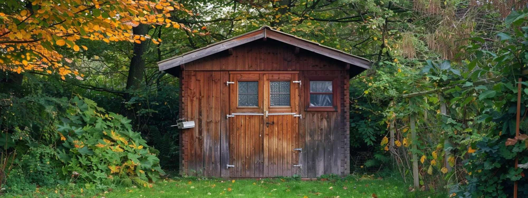 Wooden shed surrounded by trees sits on grass, raising the question are sheds considered permanent structures when placed long term