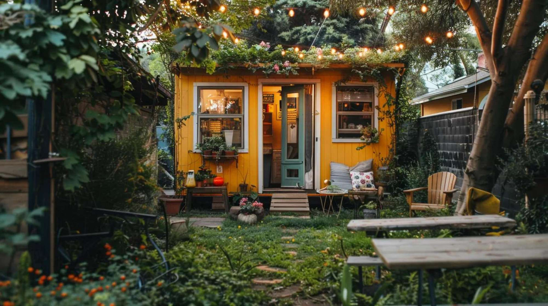 Yellow tiny home with string lights and garden seating, symbolizing a reinvest rental income strategy