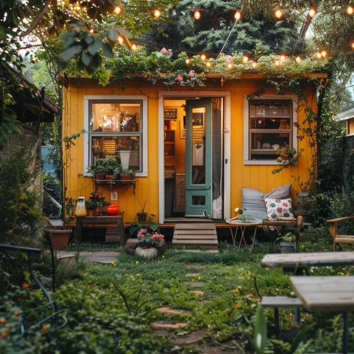 Yellow tiny home with string lights and garden seating, symbolizing a reinvest rental income strategy