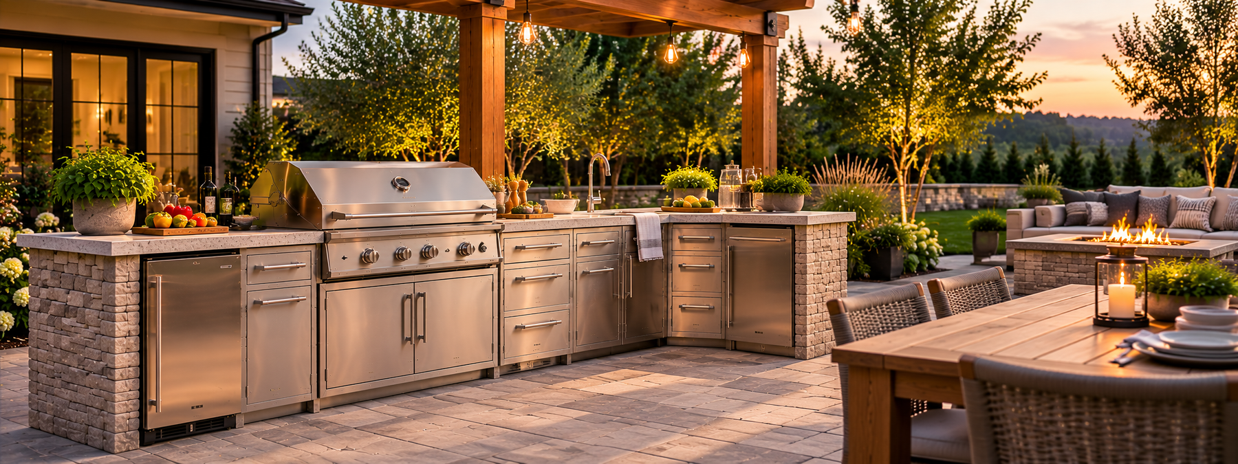 Illustrative outdoor cooking station featuring grill, sink, beverage cooler, storage cabinets, prep counters, covered patio and dining furniture