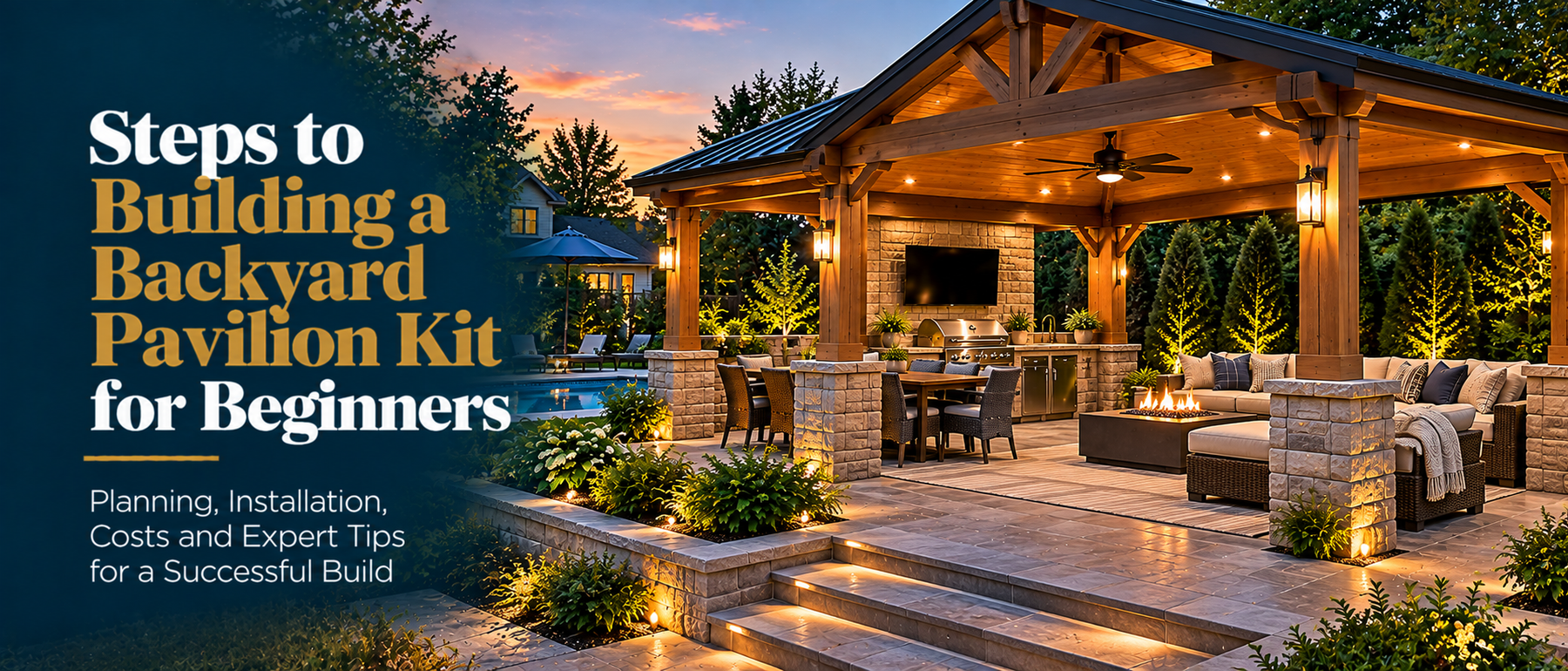 Illustrative timber-frame backyard pavilion with solid roof, outdoor kitchen, lounge seating and warm landscape lighting